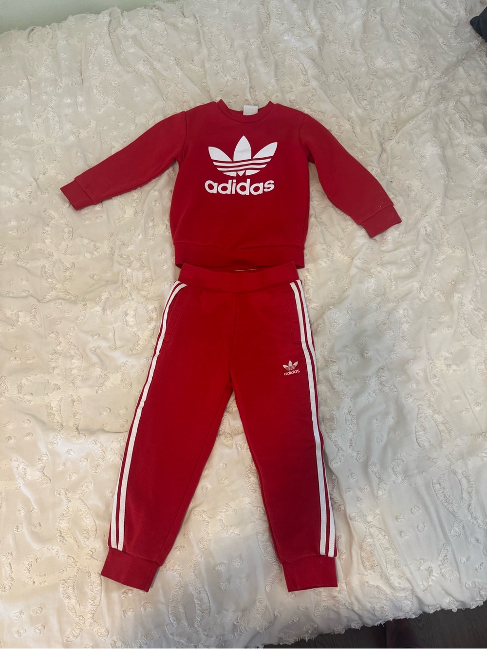 adidas Kids Red Crewneck Sweatshirt & Joggers Set for boys or girls
